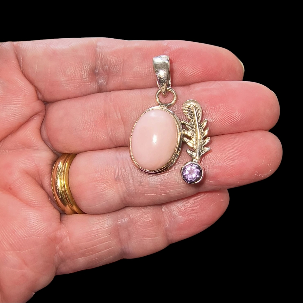 Pink Opal, Amethyst And Sterling Silver Pendant With Feather Detail - Picture 6 of 9